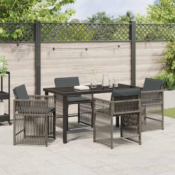 5-teiliges Garten-Ess-Set mit Kissen in Grau Poly-Rattan