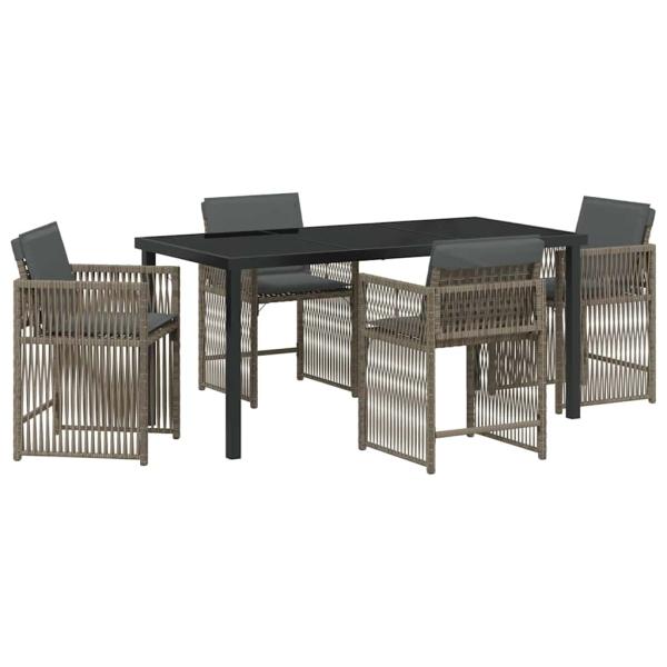 5-teiliges Garten-Dining-Set mit Kissen Grau Poly-Rattan