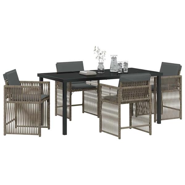 5-teiliges Garten-Dining-Set mit Kissen Grau Poly-Rattan