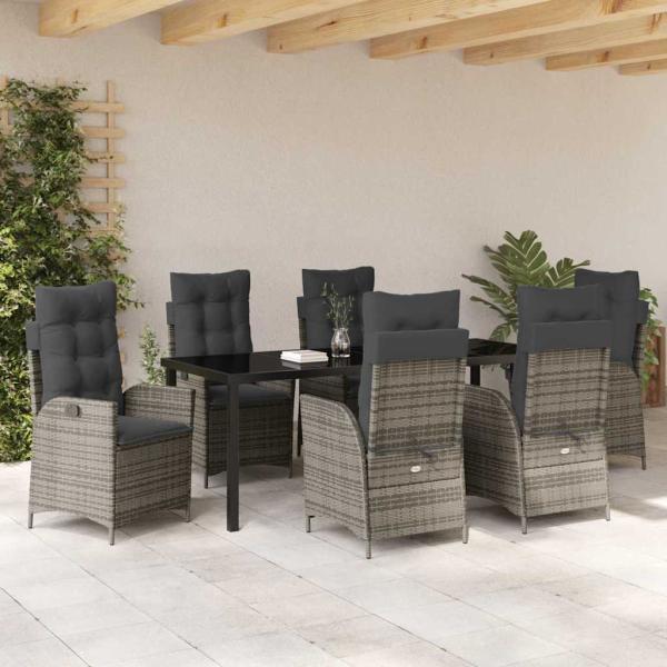 7-teiliges Garten-Dining-Set mit Kissen Grau Poly-Rattan