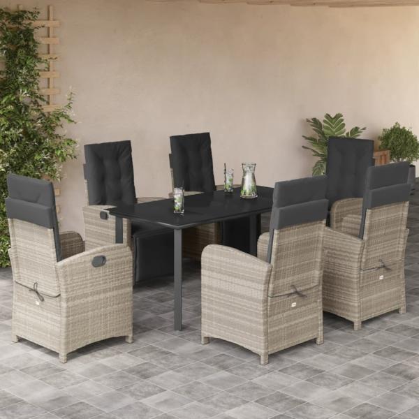 ARDEBO.de - 7-tlg. Garten-Essgruppe mit Kissen Hellgrau Poly Rattan