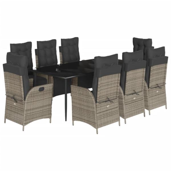 9-tlg. Garten-Essgruppe mit Kissen Grau Poly Rattan