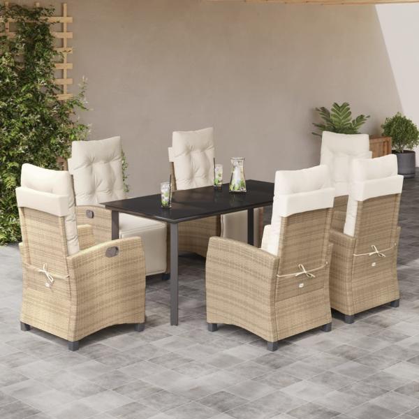 ARDEBO.de - 7-tlg. Garten-Essgruppe mit Kissen Beige Poly Rattan