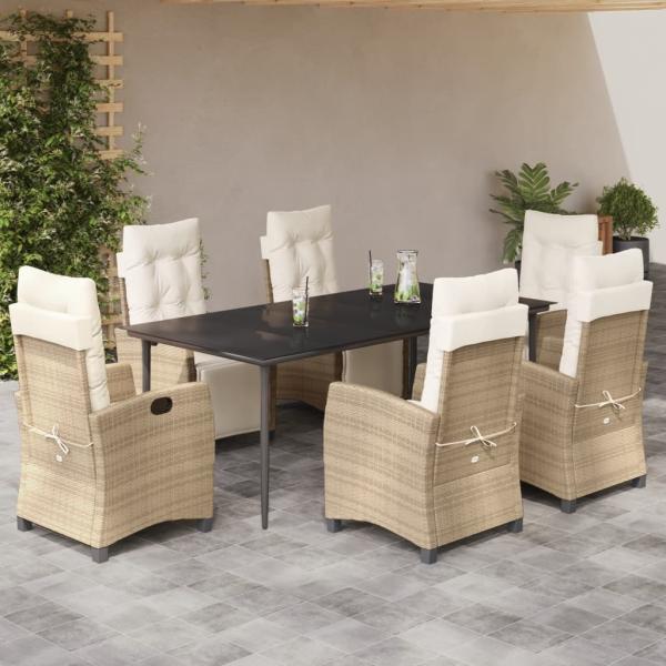 ARDEBO.de - 7-tlg. Garten-Essgruppe mit Kissen Beige Poly Rattan
