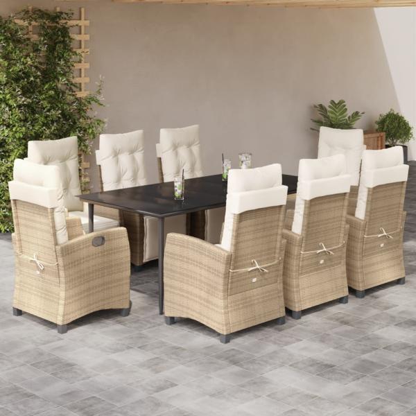 ARDEBO.de - 9-tlg. Garten-Essgruppe mit Kissen Beige Poly Rattan
