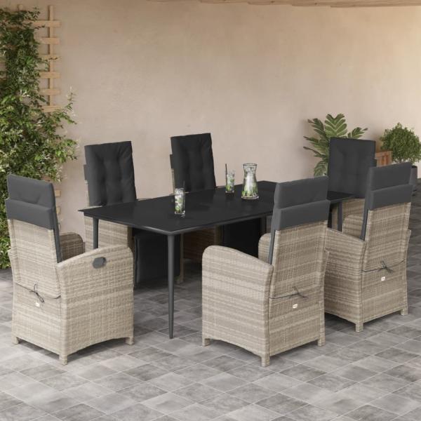 ARDEBO.de - 7-tlg. Garten-Essgruppe mit Kissen Hellgrau Poly Rattan