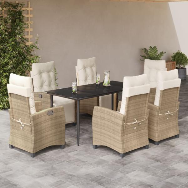 ARDEBO.de - 7-tlg. Garten-Essgruppe mit Kissen Beige Poly Rattan