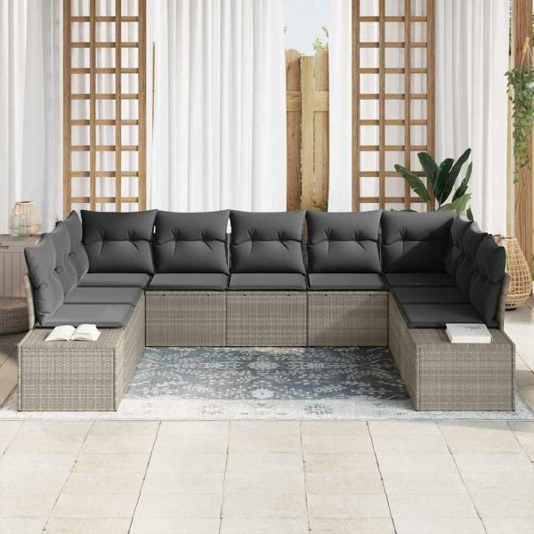 9-teiliges Garten Sofa Set mit Kissen in Hellgrau aus Poly Rattan