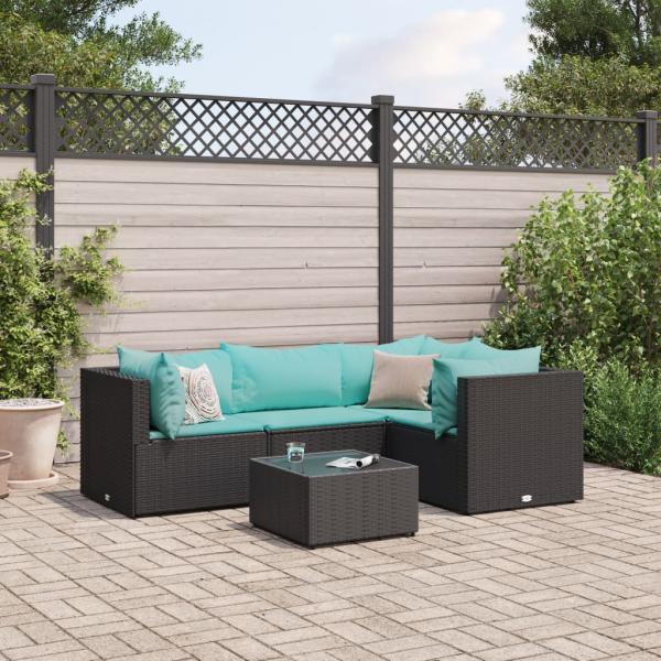 ARDEBO.de - 5-tlg. Garten-Lounge-Set mit Kissen Schwarz Poly Rattan