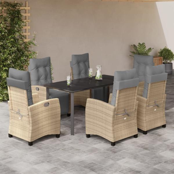 ARDEBO.de - 7-tlg. Garten-Essgruppe mit Kissen Beigemischung Poly Rattan