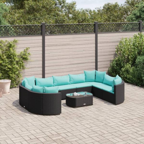 ARDEBO.de - 10-tlg. Garten-Sofagarnitur mit Kissen Schwarz Poly Rattan