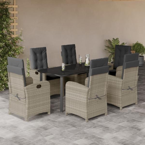 ARDEBO.de - 7-tlg. Garten-Essgruppe mit Kissen Hellgrau Poly Rattan