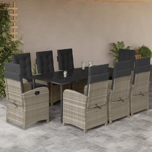 ARDEBO.de - 9-tlg. Garten-Essgruppe mit Kissen Hellgrau Poly Rattan