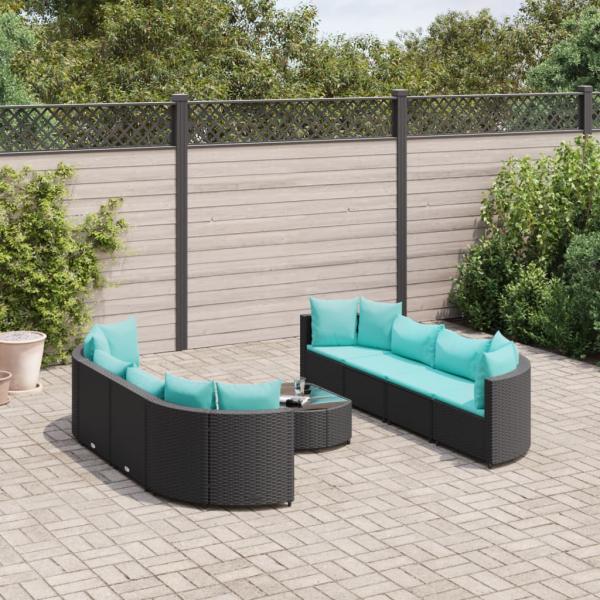 ARDEBO.de - 9-tlg. Garten-Sofagarnitur mit Kissen Schwarz Poly Rattan