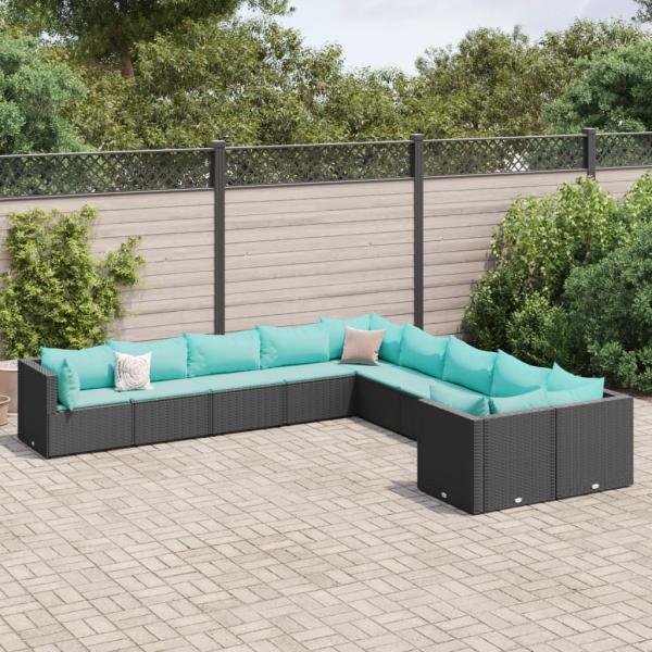 ARDEBO.de - 10-tlg. Garten-Sofagarnitur mit Kissen Schwarz Poly Rattan