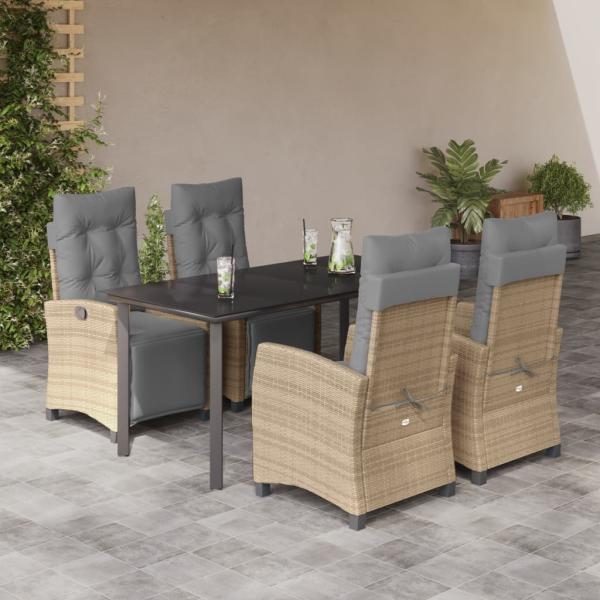 ARDEBO.de - 5-tlg. Garten-Essgruppe mit Kissen Beigemischung Poly Rattan