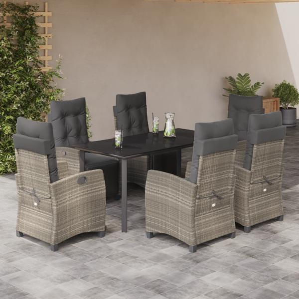 ARDEBO.de - 7-tlg. Garten-Essgruppe mit Kissen Hellgrau Poly Rattan