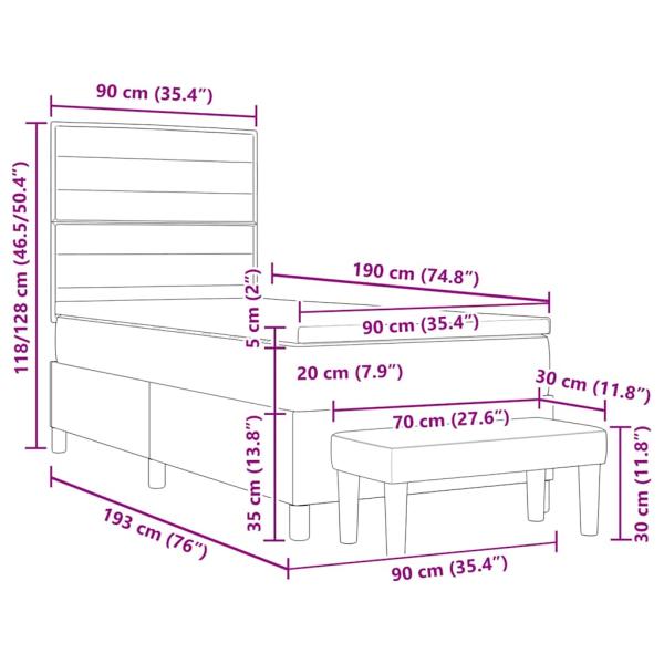 Boxspringbett mit Matratze & Bank in Hellgrau 90x190 cm