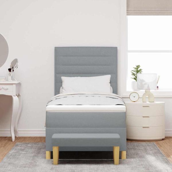 Boxspringbett mit Matratze & Bank in Hellgrau 90x190 cm