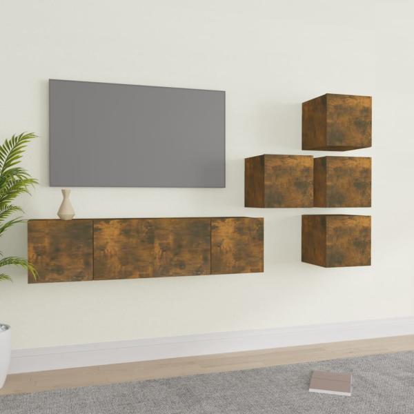 ARDEBO.de - 6-tlg. TV-Schrank-Set Räuchereiche Holzwerkstoff