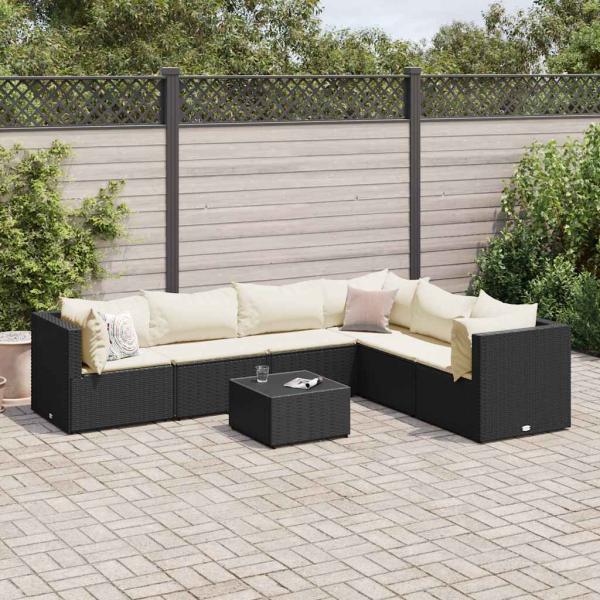 ARDEBO.de - 7-tlg. Garten-Lounge-Set mit Kissen Schwarz Poly Rattan