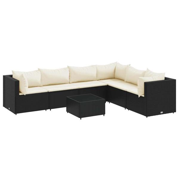 7-tlg. Garten-Lounge-Set mit Kissen Schwarz Poly Rattan
