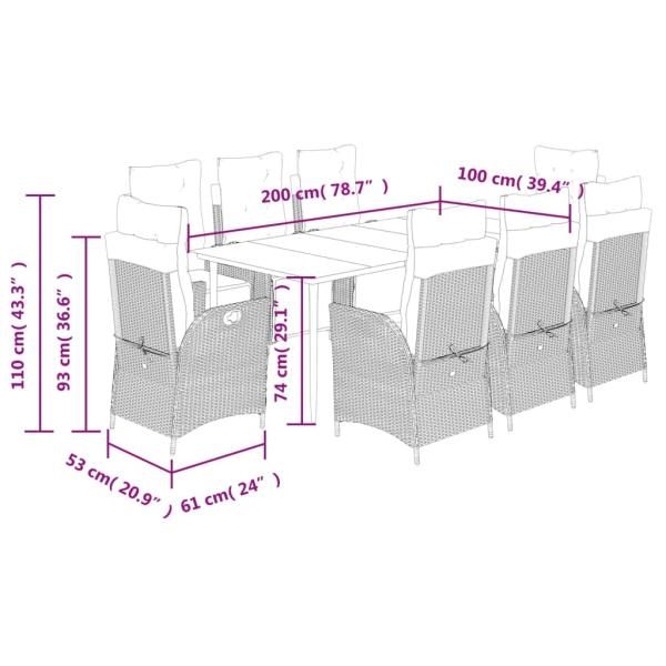 9-tlg. Garten-Essgruppe mit Kissen Braun Poly Rattan