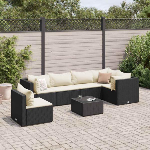 ARDEBO.de - 7-tlg. Garten-Lounge-Set mit Kissen Schwarz Poly Rattan