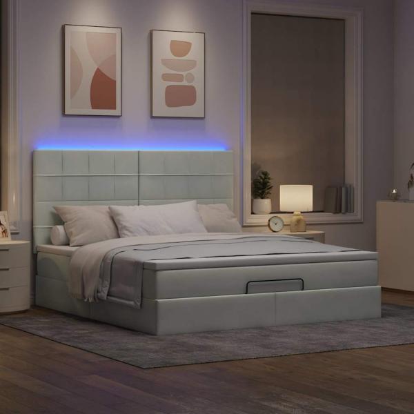 Ottoman-Bett mit Matratzen & LEDs Hellgrau 160x200 cm Samt