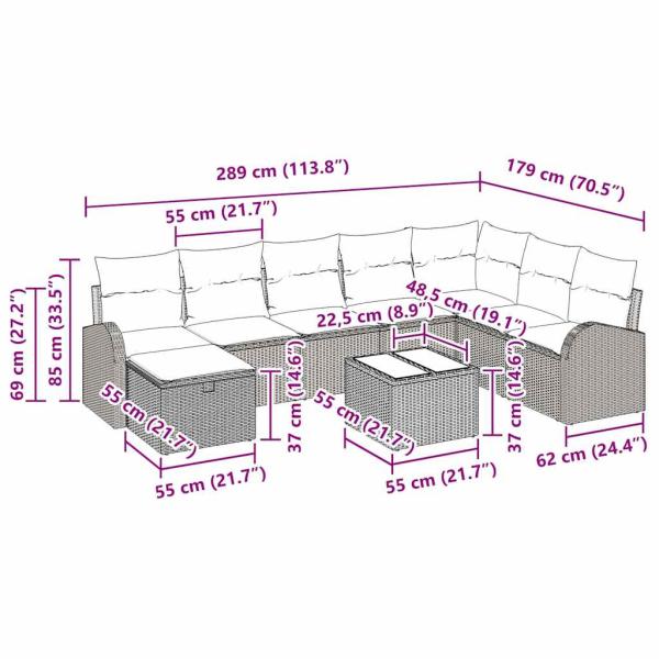 9-teilige Garten-Sofa-Garnitur mit Kissen Braun Poly-Rattan