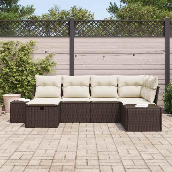 6-teiliges Garten-Sofa-Set mit Kissen Braun Poly Rattan