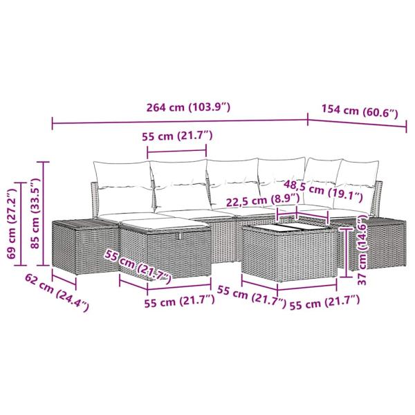 7-teiliges Garten Sofa Set mit Kissen Braun Poly-Rattan
