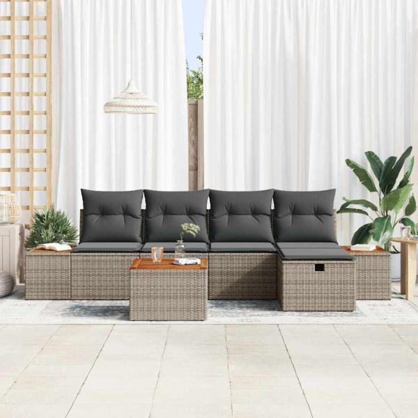 6-teiliges Garten Sofa Set mit Kissen Grau Poly Rattan