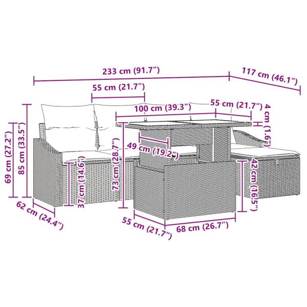 6-teiliges Garten Sofa Set mit Kissen Grau Poly Rattan