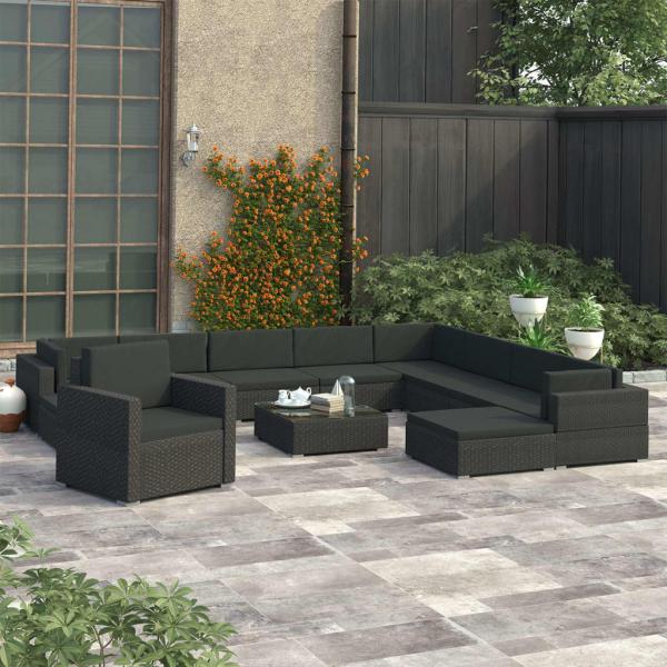 ARDEBO.de - 12-tlg. Garten-Lounge-Set mit Auflagen Poly Rattan Schwarz