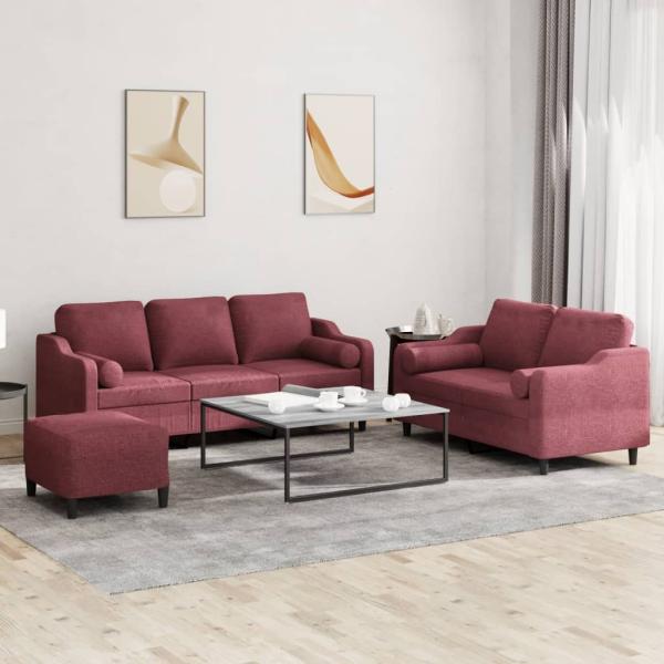 ARDEBO.de - 3-tlg. Sofagarnitur mit Kissen Weinrot Stoff
