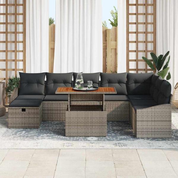 9-teilige Garten-Sofa-Set mit Kissen Grau Poly-Rattan