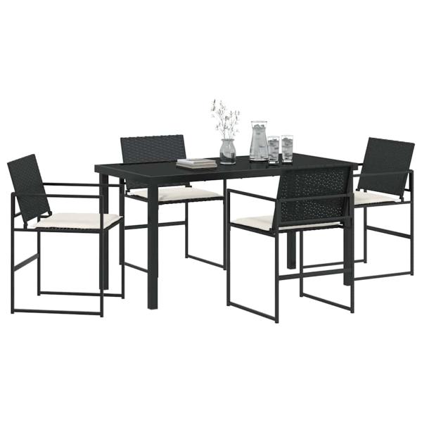 5-teiliges Garten-Ess-Set mit Kissen Schwarz Poly-Rattan