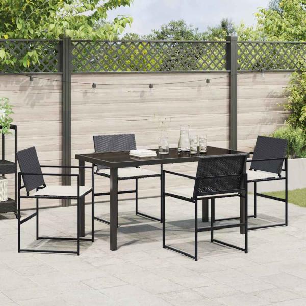 5-teiliges Garten-Ess-Set mit Kissen Schwarz Poly-Rattan