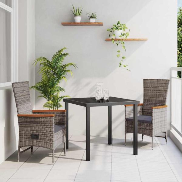 ARDEBO.de - 3-teiliges Garten-Esstischset mit Kissen aus grauem Poly-Rattan