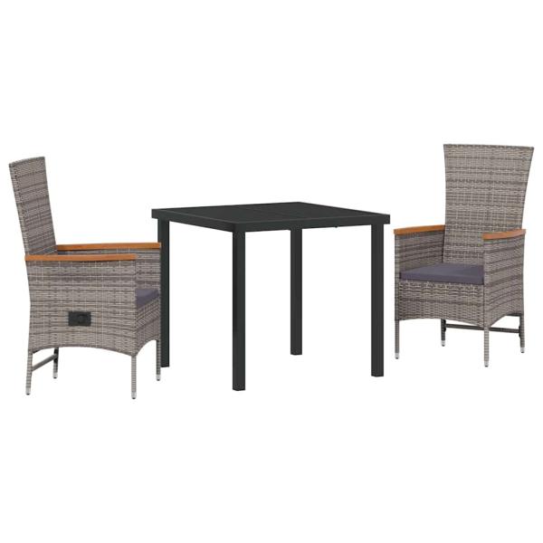 3-teiliges Garten-Esstischset mit Kissen aus grauem Poly-Rattan