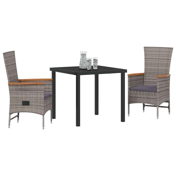 3-teiliges Garten-Esstischset mit Kissen aus grauem Poly-Rattan