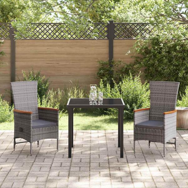 3-teiliges Garten-Esstischset mit Kissen aus grauem Poly-Rattan