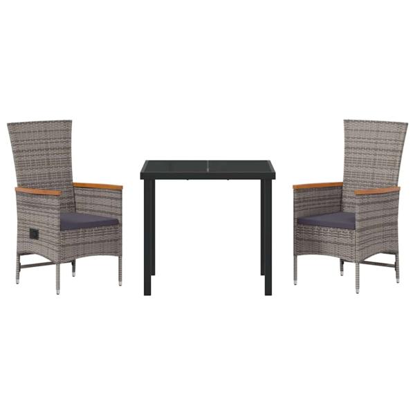 3-teiliges Garten-Esstischset mit Kissen aus grauem Poly-Rattan