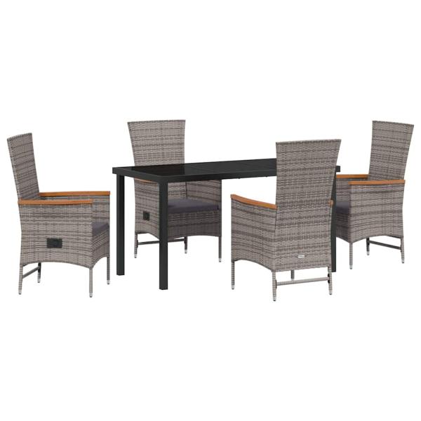 5-teiliges Garten-Esszimmer-Set mit Kissen Grau Poly-Rattan