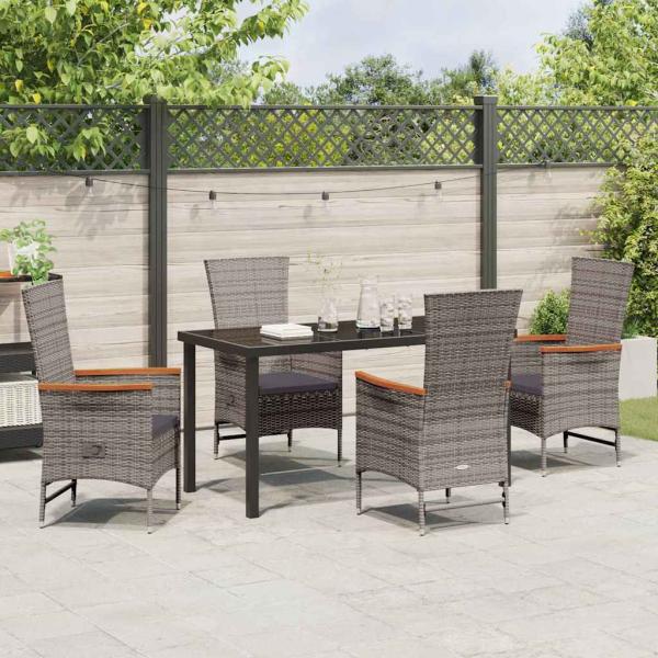 5-teiliges Garten-Esszimmer-Set mit Kissen Grau Poly-Rattan