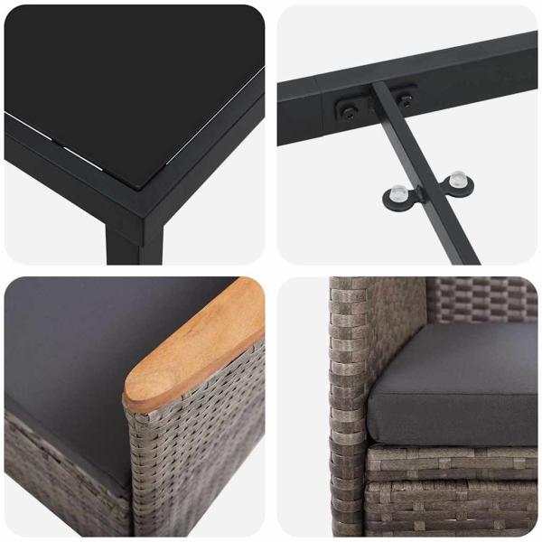 9-teiliges Gartentisch-Set mit Kissen Grau Poly-Rattan