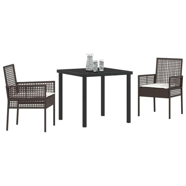 3-teilige Garten Esstisch Set mit Kissen Braun Poly Rattan