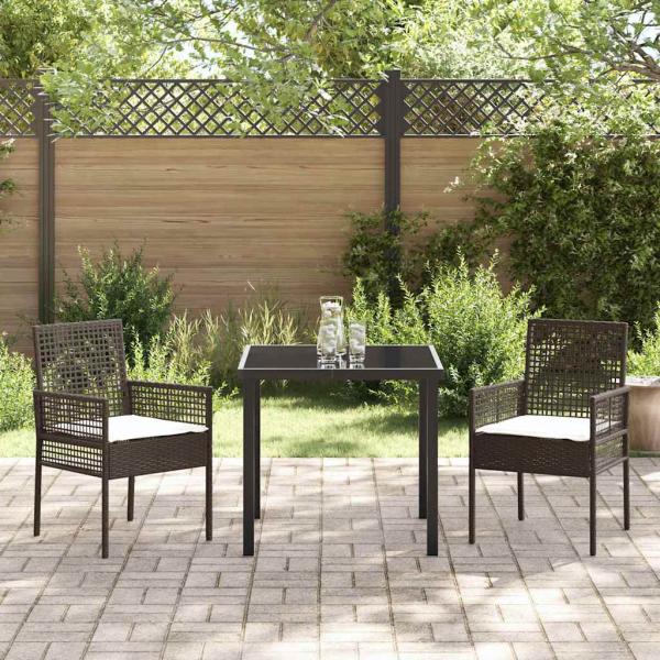 3-teilige Garten Esstisch Set mit Kissen Braun Poly Rattan