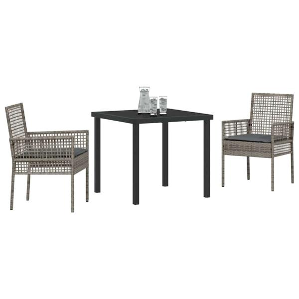 3-teiliges Garten Essset mit Kissen Grau Poly Rattan